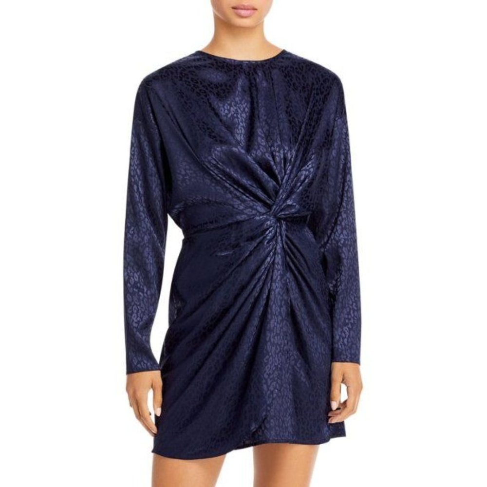 AQUA Twist Front Jacquard Sheath Dress in Navy - Medium NWT